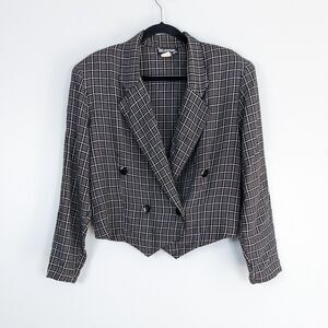 Vintage Blazer Jacket Plaid 90s Clueless Cropped Double Breasted Black White 12